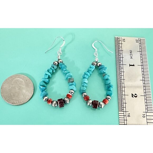 Native American Handmade Silver & Genuine Multi Gemstone Teardrop Earrings - Picture 5 of 6